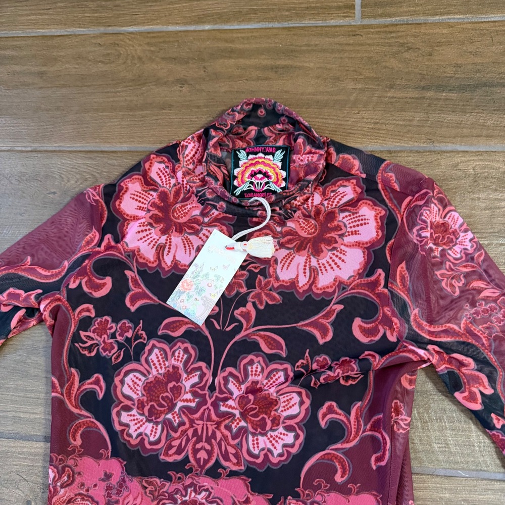 Johnny Was Scilla Mesh Mock Neck Elbow Sleeve Floral Top Pink R12225-7 XS